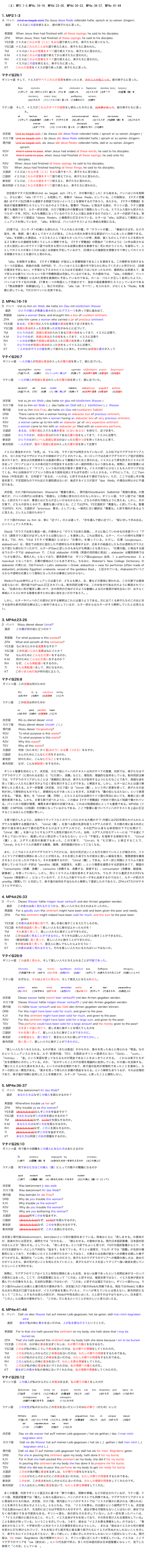 （２）MP2:1-3,MP4c:16-19, MP4d:23-26, MP4d:26-33, MP4e:36-37, MP4e:41-44

1. MP2:1-3
Ａ  バッハ    [Und es begab sich] Da Jesus diese Rede vollendet hatte, sprech er zu seinen Jüngern:
     直訳         イエスはこの話を終えると、彼の弟子たちに言った。

   英語版     When Jesus then had finished with all these sayings, he said to his disciples:
   ZPA      When Jesus, then, had finished all these sayings, he said to his disciples: 
   YS文語   イエスはこれらの言（こと）をみな語り終えしのち、弟子たちに言いたもう。
   YS口語   イエスはこれらのことばを語り終えたあと、弟子たちに言われた。
   TM        イエスはこれらの言葉をすべて語り終えてから、弟子たちに言われた。
   K·M       イエスはこれらの話を語り終えてから弟子たちに言われた。
   RH        イエスはこれらの言葉をすべて語り終えると、弟子たちに言われた。
   TI          イエスはこの話を終えると、弟子たちに言った。
   KT        これらの言葉をイエスが語り終った時、弟子たちに言った、

マタイ伝26:1
ギリシャ語  そして、イエスがすべてこれらの言葉を終わったとき、次のことが起こった。彼の弟子らに言った。

                        Και            εγενετο                            οτε          ετελεσεν  ο     Ιησουσς      παντας　τους    λογους
                        (1)そして    (8)（次のことが）起った    (7)とき     (6)終った             (2)イエスが   (3)すべて              (5)言葉（複）を    
                                       τουτους,        ειπεν  τοις                     μαθηταις         αυτου,
                                       (4)これらの      (11)（イエスは）言った   (10)弟子らに      (9)彼の
     
ラテン語     そして、イエスがこれらのすべての説教をし終わったそのとき、出来事があって、彼の弟子たちに言っ
                         た。
                        et            factum         est           cum               consummasset     Iesus                sermones            hos 
                             (1)そして  (8)出来事が    (9)あって    (7)そのとき       (6)し終った               (2)イエスが   (5)説教（複）を       (3)これらの     
                                                  omnes                 dixit                               discipulis          suis	
                                               (4)すべての         (12)（イエスは）言った   (11)弟子たちに   (10)彼の

 決定版       Und es begab sich / da Jhesus alle diese Rede volendet hatte / sprach er zu seinen Jüngern /
 カロフ版   Und es begab sich / da Jesus alle diese Rede vollendet hatte / sprach er zu seinen Jüngern.
 現代版       Und es begab sich, als Jesus alle diese Reden vollendet hatte, daß er zu seinen Jüngern 
                    sprach:
 RDV        And it came to pass, when Jesus had ended all these words, he said to his disciples:
 KJV         And it came to pass, when Jesus had finished all these sayings, he said unto his 
                  disciples,	
 RSV       When Jesus had finished all these sayings, he said to his disciples,
 TEV       When Jesus had finished teaching all these things, he said to his disciples,
 文語訳     イエスはこれらの言（こと）をみな語りをへて、弟子たちに言ひ給ふ
 口語訳     イエスはこれらの言葉をすべて語り終えてから、弟子たちに言われた。
 新改訳     イエスは、これらの話をすべて終えると、弟子たちに言われた。
 新共同訳 イエスはこれらの言葉をすべて語り終えると、弟子たちに言われた。

決定版のマタイ伝26章はUnd es begab sich（そして、次の事が起こった）から始まる。バッハはこれを削除し、さらに続く「alle（すべて）」も削除して、単数の「diese Rede」にしている。この削除は、《マタイ受難曲》はマタイ伝25章から連続する物語ではないということを意味するのであろう。あたかも、《マタイ受難曲》を独自の福音書解釈たろうとしているかのようである。聖書の「Rede」に相当する語は、ギリシャ語、ラテン語聖書でも複数であり、ルター訳決定版、カロフ聖書以外の聖書は全て複数となっている。エラスムス版から訳されたウルガータ本、RDV、KJVも複数になっているのでエラスムス版に由来するのではなく、ルターの誤訳である。実際に、現代ドイツ語版は「diese Reden」と複数形に訂正されている。ルターは「alle」は訳出して複数に近いニュアンスを残しているが、「alle」を取れば、バッハのテキストように単純な単数になる。

25章では、カンタ−タ140番にも使われた「十人のおとめの譬」や「タラントの譬」、「最後のさばき」などの話を、神、教師、裁く者としてのイエスが語る。これらの流れを断ち切る意図がバッハにあったと理解できる。「alle」を削除した意図は、イエスを人として描きたかったバッハが神、教師、裁くものとしてのイエスを思わせる２５章からの連続性を断とうとしたと理解できる。《マタイ受難曲》の開曲が「小羊のように（小羊は殺されるときに抵抗しないのでドイツ語では死をも受け入れる従順な意志を象徴する）死に向かうイエス」を描写して、人としてのイエスの身にこれから起こる悲劇を予告しているので、25章からの連続性を想像させて神としてのイエスを想像させることを避けたと思われる。

「alle」を削除する事は、《マタイ受難曲》が独立した受難物語であることを意味する。この解釈を支持するもう一つの証拠は、終曲の合唱（MP68）で、バッハはイエスに墓の中で安らかに休んでくださいと呼びかけ、28章の復活を予告しない。十字架から下ろされたイエスはまだ息絶えてはいなかったものの、最終的には息絶えて、墓で安らかな眠りについたという形で受難物語は完結しているのである。その意味では、「alle」の削除が、バッハが《マタイ受難曲》に込めた思想を象徴的に予告しているのである。カール・バルトが正しく批判したように、バッハはマタイ伝の26章、27章を一つの物語として完結させて、独自の福音書解釈たろうとしているのである（『教会教義学・和解論II/2』）。殆どの対訳は、「alle（all、すべて）」を入れるか、少なくとも「Rede」を複数に訳している。TIだけがバッハに忠実である。


2. MP4c:16-19
D   バッハ     trat zu ihm ein Weib, die hatte ein Glas mit köstlichem Wasser
     直訳           ひとりの婦人が貴重な香水の入ったグラス一つを持って彼に進み出て、
  英語版        came a woman there, and brought him a box of costliest ointment,
  ZPA         unto him came a woman who carried a jar of precious ointment
  YS文語      ある女、石膏の壺に入りたる貴重の香油を持ちて近づき来たり、
  YS口語      高価な香油の入った壺を持った女性がみもとに近づいて、
  TM          ひとりの女が、高価な香油が入れてある石膏の壺をもってきて、イエスに近寄り、
  K·M         ひとりの女が、高価な香油入りの壺をもってきて、イエスに近寄り
  RH          一人の女が極めて高価な香油の入った石膏の壺を持って近寄り、
  TI            ひとりの女が高価な香油の入った壺をもってイエスに近寄り、
  KT           一人の女がガラスの器を持って彼のもとに来た。その中には高価な香水が入って

マタイ伝26:7
 ギリシャ語	  一人の婦人が高価な香油の入った石膏の器を持って、彼に近づいた。

                        προσηλθεν    αυτω       γυνη                              εχουσα    αλβαστρον   μυρου	    βαρυτιμου
	(7)近づいた       (6)彼に       (1)（一人の）婦人が       (5)持って    (4)石膏の器を  (3)香油の    (2)高価な

 ラテン語       一人の婦人が高価な香油の入った石膏の器を持って、彼に近づいた。

                        accessit       ad        eum     mulier                     habens       alabastrum     unguenti     pretiosi
	(8)近づいた    (7)に      (6)彼      (1)（単）婦人が    (5)持って      (4)石膏の器を  (3)香油の        (2)高価な
		
		
 決定版           trat zu jm ein Weib / das hatte ein glas mit köstlichem Wasser /
 カロフ版       trat zu ihm ein Weib (...)  das hatte ein Glaß mit (...)  köstlichem (...)  Wasser 
 現代版           trat zu ihm eine Frau, die hatte ein Glas mit kostbarem Salböhl
 DRB           There came to him a woman having an alabaster box of precious ointment,
 KJV            There came unto him a woman having an alabaster box of very precious ointment,
 RSV           a woman came up to him with an alabaster jar of very expensive ointment
 TEV           a woman came to him with an alabaster jar filled with an expensive perfume,
 文語訳           ある女、石膏の壺に入りたる貴き香油（においあぶら）を持ちて、近づき来り、
 口語訳           ひとりの女が、高価な香油が入れてある石膏の壺をもってきて、イエスに近寄り、
 新改訳           ひとりの女がたいへん高価な香油のはいった石膏のつぼを持ってみもとに来て、
 新共同訳       一人の女が、極めて高価な香油の入った石膏の壺を持って近寄り

イエスに香油をかけた「女性」は、マルコ伝，マタイ伝では特定されていないが，ルカ伝ではマグダラのマリアとされ，ヨハネ伝ではラザロとマルタの姉妹のマリアとされている。ヨーロッパでは古来マグダラのマリア説が民間伝承されており、彼女は元売春婦または姦通の罪により離婚された女と言われる。イエスにより罪を許されイエスに付き従って（マリアとはイエスの身の回りの世話をする女性への一般的呼称ともいう説もある。実際に、新約聖書にはイエスの母を初めとして「マリア」という名の女性が数多く登場する。イエスの廻りに少なくとも６人のマリアが出てくる。中には姉妹がマリアという例もあり固有名詞とすれば不自然）いたとされる。いずれにしても、ここでein Weib（中性名詞）を、日本語で「ある女、一人の女」と訳すのはあまり適切ではない。ただ、ここでは話し手が福音史家で、不定冠詞なのでそれほどの違和感はないが、後述するイエスが話す「das Weib」の場合は明らかに不適切である。

決定版、カロフ版のköstlichem Wasserは「貴重な香水」、現代版のkostbarem Salböhlは「高価な香油」の意味だが、バッハの時代には前者も「高価な」と同義に使われたのかもしれない。ギリシャ語、ラテン語では「高価な」と訳されているが、筆者にはどちらが正しいかはわからない。どちらの訳も可能なように思える。しかし、次の文章で、どちらの訳をとるかで、重要な違いが生じる。ここではZPA、YS文語訳が「貴重な」と訳している。聖書ではRSV、KJV、文語訳が「precious、貴き」としている。一般的に古い翻訳は「貴重な」と訳す傾向があるように見える。エレスムス版のためか？ 

ドイツ語のtreten zu ihm は、単に「近づく」のとは違って、「歩を運んで彼に近づく」「彼に対して歩み出る」というニュアンスがある。 

Glasは「ガラスで出来た製品一般」の意味から「ガラスで出来た容器」、さらに転じていわゆる日本語でいう「グラス（通常ガラス製だが必ずしもそうとは限らない）」を意味した。これは現在も、ルター、バッハの時代も同様である。TM、RH、YSは《マタイ受難曲》にはない「石膏の」を補っている。ただし、石膏（αλαβαστρον、alabastrum）は、現在では粒状に固化した不透明なものを意味するが、古来その結晶化したものは透明なガラスになり窓にも使われていたので、ルターがGlasと訳したのもあながち間違いとも言えない。「石膏の器」に相当する語はウルガータでは alabastrum で、これは alabaster の対格（英語の目的格に相当）。alabaster は羅英辞典では　「小さな香びん、香料入れ」となっており、羅英辞典では　ギリシア語αλαβαστρον 由来、1. a perfume-box  2. a rose-bud となっており、石膏の意味はどこにもありません。ちなみに、Webster's New College Dictionary の alabaster の項には、Old French > Latin: alabaster > Greek: alabastros = vase for perfumes (often made of alabaster), probably Egyptian: a-labaste, vessel of the goddess Bast.」 と記されている。Alabasterがいつごろから不透明な石膏という意味になったのかは筆者にはわからない。

WeibとFrauは時代によりニュアンスは違うが、どちらも婦人、女、妻などの意味に使われる。この文脈では意味は変らないが、現代版ではFrauに訂正されている。新共同訳注解では、この女性の行為は次のように解説されている。「伝承の古い形が確定し難いので、女の突然の行為がどのような動機によるのか推測の域を出ないが、おそらく単純にイエスに対する敬意を表すために彼に油を注いだのであろう。」

しかし、ルターやバッハのこの部分に対する解釈はこれとは違うようである。次に出てくる弟子たちのこの女に対する批判も新共同訳注解は正しい批判であるとしているが、ルター訳からはルターがそう解釈していたとは思えない。


3. MP4d:23-26
D   バッハ     Wozu dienet dieser Unrat?
    直訳         この糞が何の役に立つのか？

   英語版     For what purpose is this wasted?
   ZPA      What end serveth all this nonsense?	
   YS文語    なにゆえにかかる濫費をなすか？
   YS口語    この気違いじみた濫費はなにごとか？
   TM        なんのためにこんなむだ使いをするのか。
   K·M       何のためにこんなむだ使いをするのか？
   RH        なぜ、こんな無駄遣いをするのか。
   TI          そんな無駄遣いをして、何になるのか。
   KT        このつまらぬ行為が何の役に立とう。

マタイ伝26:8
 ギリシャ語   この浪費は何のためか

                        Εις              τι   η        απωλεια     αυτη;
                        (4)ためか      (3)何の      (2)浪費は       (1)この

 ラテン語       この破滅は何のためか

                            ut            quid     perditio      haec
                     (4)ためか   (3)何の  (2)破滅は   (1)この

 決定版           Wo zu dienet dieser vnrat
 カロフ版       Wozu dienet dieser Unrath  / (...)  
 現代版           Wozu dieser Vergeudung?
 RDV           To what purpose is this waste?
 KJV            To what purpose is this waste?
 RSV           Why this waste?
 TEV           Why all this waste?
 文語訳           何故（なにゆえ）かく濫(みだり）なる費（つひえ）をなすか。
 口語訳           なんのためにこんなむだ使をするのか。
 新改訳           何のために、こんなむだなことをするのか。
 新共同訳       なぜ、こんな無駄使いをするのか。
 
ギリシャ聖書を初めとして、決定版、カロフ版とバッハのテキスト以外のすべての聖書、対訳では、弟子たちはマグダラのマリア（と思われる女性）に「むだ使い、浪費」などと、理性的、理論的な批判をしている。新共同訳注解では、マグダラのマリアがしたことは「客観的に見れば、弟子たちが批判するようにむだなことであり、高価な油を売って貧しい人たちに施す方がより広く愛を実行することができる」と解説する。しかし、ルターはこれとは違う解釈をしたと思える。ルター訳聖書（決定版、カロフ版）は「Unrat（糞）」という汚い言葉を使って、弟子たちの批判が決して理性的なものでなく、感情的なものであったことを示す。日本語でも「糞の役にも立たない」という表現がある。「香油、香水」を「Unrat（糞、汚物）」にたとえるのは当時のドイツ語の用法においても、敵意に近い感情的表現である。しかも、８章５節で述べたように、この曲は《マタイ受難曲》で初めて現れるイ短調で書かれている。バッハのイ短調が憎悪、嫌悪を表す最初の合唱である。これはロ短調仮説にとっても重要である。MP45b（イ短調）とMP50b（ロ短調）の伏線となっているからである。ここで聖書に基づいてバッハのテキストを上品に訂正することはほとんど改竄に等しい。

６章で紹介したように、当時のフランクフルトのマイン川にかかる大橋のタワ−内壁には250年間もかけられたユダヤ人を侮辱する壁画があり、「Unrat（糞）」を食べる豚の乳房を吸うユダヤ人の赤子、その豚の背に後ろ向きに跨がり尾を持ちあげて豚の肛門をさらけ出すユダヤ人のラビ、その肛門から落ちる排泄物の下で口を開けて、「Unrat（糞）」を食べようとするユダヤ人男性が描かれていた。当時、ユダヤ人が住むゲットーには「下水道にフタをしてはいけない、風通しのよい窓は作ってはならない」という「不衛生」を強制する規制があり、「Unrat（糞）」は、ユダヤ人差別の象徴でもあった。この文章で、「Unrat」を「むだ使い」と修正することで、「Unrat」からドイツ人が連想する敵意、侮辱、差別意識が伝わってこなくなる。

また、ここではイエスがマグダラのマリアだけには、自分の死が近いことを打ち明けていたことが暗示され、イエスとマリアが親密な関係にあったことが伺える。それを感じた弟子たちが彼女に激しい嫉妬を覚え、憎悪感情を爆発させることになったのであろう。それを象徴するのが、「Unrat（糞）」である。ルター訳と同様にエラスムス版を底本しているウルガ−タ訳は「perditio（破滅、地獄落ち、永罰）」という憎悪を連想させる訳語をあてて、類語の「consumptio（消費、浪費）、consumo（消費する、浪費する、殺害する）、consumptor（消費者、破滅者、破壊者）」を使っていない。しかし、同じくエラスムス版を底本とするKJVも、ウルガ−タから重訳されたRSVも「waste（無駄使い）」になっているので、エラスムス版やウルガータ本に由来するのではなく、ルターが前文のunwillig（憤慨して）に対応して、弟子達の批判を不当なものと解釈して意訳したのであろう。ZPAとKTだけがテキストにやや近い。


4. MP4d:26-33
D   バッハ     Dieses Wasser hätte mögen teuer verkauft und den Armen gegeben werden.
       直訳       この香水は高く売れるだろうから、貧しい人たちに与えればよかったのに。
   英語版     For a goodly sum this ointment might have been sold and been given the poor and needy.
   ZPA      For this ointment might indeed have been sold for much, and the sum to the poor been 
                     given. 
   YS文語   この香水は高き価に売りて、貧しき者に施すことをえたりしものを。
   YS口語  その香油は高く売って貧しい人たちに施せばよかったものを！
   TM        それを高く売って、貧しい人たちに施すことができたのに。
   K·M      この油は高く売ることができるのに。そうすれば貧しい人びとに施すことができるのに。
   RH      （無目的語）高く売って、貧しい人々に施すことができたのに。
   TI         その香油を高く売って、貧乏人に施しでもしたらよかろうに！
   KT        この香水は高く売れるだろう。それを貧しい人たちに与えればいいではないか。

マタイ伝26:9
 ギリシャ語   これは高く売られ、そして貧しい人々に与えられることが可能であった。

                        εδυνατο              γαρ        τουτο        πραθηναι    πολλου    και           δοθηναι                       πτωχοις.
                         (7)可能であった    (8)から    (1)これは    (3)売られ       (2)高く        (4)そして   (6)あたえられることが    (5)貧しい人々に

 ラテン語       なぜなら、それはよほどに売られ、そして貧乏人に与えられえた。

                        potuit          enim            istud           venundari     multo           et              dari               pauperibus	
	(8)〜えた        (1)なぜなら    (2)それは       (4)売られ         (3)よほどに    (5)そして    (7)与えられ      (6)貧乏人に	

 決定版           Dieses wasser hette mocht tewr verkaufft vnd den Armen gegeben werden.
 カロフ版       Dieses Wasser hätte mögen theuer verkaufft / und den Armen gegeben werden.
 現代版           Es hätte teuer verkauft und das Geld den Armen gegeben werden können.
 DRB           For this might have been sold for much, and given to the poor.
 KJV            For this ointment might have been sold for much, and given to the poor.
 RSV           For this ointment might have been sold for a large sum, and given to the poor.
 TEV           This perfume could have been sold for a large amount and the money given to the poor!
 文語訳           之を多くの金に売りて、貧しき者に施すことを得たりしものを
 口語訳           それを高く売って、貧しい人たちに施すことができたのに。
 新改訳           この香油なら、高く売れて、貧乏な人たちに施しができたのに。」
 新共同訳       高く売って、貧しい人々に施すことができたのに。

「貧しい人たちへ与えられる」ものが香水（または香油）そのものか、香水を売ったあとに得られる「現金」なのかというニュアンスに分れる。ルタ−訳現代版、TEV、文語訳はギリシャ語原文にない「Geld」、「sum」、「money」、「金」という単語を使って与えるものが現金であることをはっきりとさせる。 これらは弟子たちが「女を感情的にののしっている」のか、「女のやったことの不合理を理論的に批判している」かの違いを反映する。「糞にたとえられた香水を与える」というのは非合理的であり、弟子達の批判が感情的であったことを意味し、ルターの訳には一貫性がある。「香水を売って得られた多額の現金を与える」という解釈もありうるが、それは合理的であり、弟子達が冷静に批判したことを想像させ、ルターが「Unrat」と使ったことと調和しない。


5. MP4e:36-37
Ｃ   バッハ    Was bekümmert ihr das Weib?
       直訳      あなたたちはなぜこの婦人を困らせるのか？

   英語版    Wherefore trouble ye her so?
   ZPA      Why trouble ye so this woman?
   YS文語   [あなたたちは]なんぞこの女を悩ますか？
   YS口語   きみたちはなぜこの女性を困らせるのか？
   TM       [あなたたちは]なぜ、[この]女を困らせるのか。
   K·M        あなたたちはなぜこの女を困らせるのか。
   RH        [あなたたちは]なぜ、この人を困らせるのか。
   TI          [あなたたちは]なぜこの女を悩ますのか、
   KT         あなた方は何故この女の邪魔をするのか。

マタイ伝26:10
 ギリシャ語   何で数々の困難をこの婦人にあなた方はあたえるのか

                       Τι              κοπους                   παρεχετε 　τη                              γυναικι;	
                       (1)何で       (2)困難（複）を         (4)あなた方は〜をあたえるのか     (3)この婦人に

 ラテン語       何であなた方はこの婦人（妻）にとっての数々の難儀になるのか

                        quid         molesti              estis                                   mulieri	
                            (1)何で        (3)難儀（複）   (4)（あなた方は）になるか     (2)この婦人（妻）に（とって）

 決定版            Was bekümmert jr das weib
 カロフ版        Was bekümmert ihr das Weib?
 現代版            Was betrübt ihr die Frau?
 DRB           Why do you trouble this woman?
 KJV            Why trouble ye the woman?
 RSV            Why do you trouble the woman?
 TEV            Why are you bothering this woman?
 文語訳            [汝らは]何ぞこの女を悩ますか、
 口語訳             [あなたたちは]なぜ、[この]女を困らせるのか。
 新改訳             [あなたたちは]なぜ、この女を困らせるのです。
 新共同訳         [あなたたちは]なぜ、この人を困らせるのか。

決定版と現代版はbekümmern、betrübenという別の動詞をあてている。両者はともに「悲しませる」の意味だが、前者の方には否定文、疑問文では「かかわる」、「煩らわせる」の意味がある。現代日本語訳聖書、日本語対訳のほとんどが「困らせる」としている。「悲しませる」という訳でもよいと思うが、YSが文語訳聖書からとり、そのYS文語訳をベ−スにしたTI対訳も「悩ます」をあてている。ギリシャ語原文、ウルガ−タでは「困難」が名詞の複数形になっており、その場にいたイエスの弟子たちの一人ではなく、大勢または全員が彼女への非難を合唱した様子がうかがえる。集団的な「いじめ」行為だったのだろう。弟子たちのマグダラのマリアへの憎悪の激しさは、彼女だけがイエスから、彼の死が近いことを知らされていたこと、弟子たちがイエスを巡ってマリアへ強い嫉妬を感じていたらしいことを伺わせる。

実際に、マグダラのマリアはイエスと特別な関係にあった女性、あるいは妻であったという民間伝承がヨーロッパの歴史にはあった。ここで、日本語聖書にならって「この女」と訳すのは、福音史家ではなく、イエス自身が彼女を蔑んでいた印象を与える。文法的な間違いではないが、「この女」と訳すのは適正ではない。ギリシャ語のγυνη、ラテン語のmulierには婦人と妻の両方の意味があり、決定版/カロフ版のWeibも同様である。現在ではWeibにも蔑みを込めた用法が口語ではあるが、イエスが彼女を蔑んでいたと、バッハが考えていたとは思えない。新共同訳にならって「この人」とするのは苦心の訳だが、Weibが中性名詞とはいえ、人と訳すのはやはりおかしい。日本語で、「この人」には蔑みの意味がなく、「この女」だとあるということがおかしいと言えばいえる。


6. MP4e:41-44
D   バッハ     Daß sie dies Wasser hat auf meinen Leib gegossen, hat sie getan, daß man mich begraben   
                       wird.
    　直訳        彼女が私の体に香水を注いだのは、人が私を葬るだろうということだ。

   英語版     For in that she hath poured this ointment on my body, she hath done that I may be 
                      buried so.
   ZPA      That she hath poured this ointment over my body hath she done because I am to be buried. 
   YS文語   この女の、わが体に香油を注ぎくれしは、わが葬りの備えをなせるなり。
   YS口語   この女が私の体にこうして香油を注いだのは、私の葬りの準備をしてくれたのだ。
   TM        この女がわたしのからだにこの香油を注いだのは、わたしの葬りの用意をするためである。
   K·M       この女が私のからだにこの香油を注いだのは、わたしの葬りの用意をするためである。
   RH        この人はわたしの体に香油を注いで、わたしを葬る準備をしてくれた。
   TI          この女が私の体に香油を注いでくれたのは、私の埋葬への備えなのだ。
   KT        彼女がこの香水を私の身体に注いでくれたのは、私の埋葬の準備をしてくれたのだ。

マタイ伝26:12
 ギリシャ語   この婦人が私のからだにこの香油を注ぎ、私の葬りの備えをしたのだ

                        βαλουσα    γαρ           αυτη   το         μυρον        τουτο     επι      του    σωματος    μου        προς   το
	(7)注ぎ           (12)から     (1)この婦人が     (6)香油を      (5)この     (4)に                (3)からだ       (2)私の    (10)ために
                               ενταφιασαι               με               εποιησεν.
                               (9)葬りの備えをする     (8)私の          (11)したのだ

 ラテン語      この女性が私のからだにこの香油を注いだというのは私の葬り（のため）にした

                    Mittens       enim                  haec	                                 unguentum   hoc        in        corpus         meum
                      (7)注いだ      (8)〜というのは    (1)この人（女性）が     (6)香油を       (5)この	  (4)に   (3)からだ        (2)私の
                                     ad            sepeliendum    me           fecit
　　　　　　　　　 (11)に        (10)葬り              (9)私の        (12)した	

 決定版            Das sie dis wasser hat auff meinen Leib gegossen / hat sie gethan / das ‖man mich 
                       begraben wird.
 カロフ版     　Daß sie dis Wasser hat auf meinen Leib gegossen / hat sie (...)  gethan / daß man mich (...) 
　　　　　　　　begraben wird (...).
 現代版           Daß sie das Öl auf meinen Leib gegossen hat, daß hat sie für mein  Begräbnis getan.
 DRB           For she in pouring this ointment upon my body, hath done it for my burial.
 KJV            For in that she hath pouted this ointment on my body, she did it for my burial.
 RSV            In pouring this ointment on my body she has done it to prepare me for burial.
 TEV            What she did was to pour this perfume on my body to get me ready for burial.
 文語訳            この女の我が體に香油を注ぎしは、わが葬りの備をなせるなり。
 口語訳            この女がわたしのからだにこの香油を注いだのは、わたしの葬りの用意をするためである。
 新改訳            この女が、この香油をわたしのからだに注いだのは、わたしの埋葬の用意をしてくれたのです。
 新共同訳        この人はわたしの体に香油を注いで、わたしを葬る準備をしてくれた。

多くの聖書、対訳でギリシャ語正文に基づき「葬りの備え、埋葬の準備」などが訳出されているが、ラテン語、ドイツ語、英語訳聖書では「備え」にあたる語はない。バッハのテキストでも同様である。マグダラのマリアがイエスに香油をかける行為は、決定版、カロフ版、現代版とバッハのテキストでは「イエスが誰かに殺される（葬られる）ことを弟子たちに知らせようとした」ともとれる。では、「イエスを葬る」のは誰かという疑問がでてくる。決定版では主語はmanとあり、文法的にはこれは不特定の人を示すので、彼女が葬る可能性もないことはないが、彼女ではなく他の誰かである可能性もある。ギリシャ語も、他の訳もそれを示していない。ルター訳を使ったバッハは、「『イエスが誰かに殺されること、そして、イエス自身がそれを知っており、その死を受け入れる覚悟をしている』ことを彼女が知っている」ということを示している。つまり、彼女は「イエスを葬る準備をした」のではなく、「香油をかけることで、十字架の死へと向かうイエスの覚悟を知らせようとした」、または「彼女はイエスから死の覚悟を密かに打ち明けられていて、それを知らずに能天気に振る舞う弟子たちにイエスが死ぬかもしれないことを示して、弟子たちにイエスを止めてもらい、救って欲しい」と暗に示したのかもしれないという設定になっている。現代版は、für mein  Begräbnis（私の埋葬のために）と、ギリシャ語に近くルターを修正している。イエスは、ここでマグダラのマリアを「sie（彼女は）」という代名詞で呼ぶ。多くの日本語対訳は日本語聖書にならって、見下した表現で「この女」としている　。


Back　　　　　　　　　　　　　　　　目次　　　　　　　　　　　　　　　　　Next