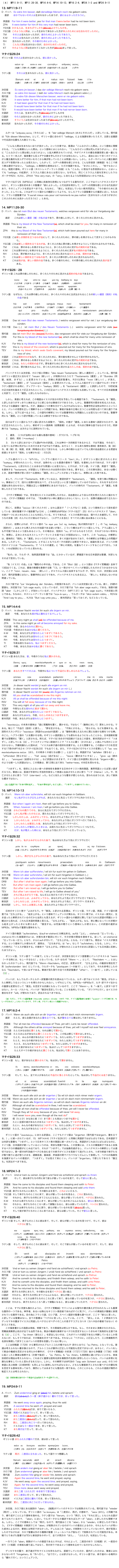 （４） MP11:9-11, MP11:26-30, MP14:4-6, MP14:10-13, MP16:2-4, MP24:1-3 and MP24:9-11

13. MP11:9-11
D  バッハ   Es wäre ihm besser, daß derselbige Mensch noch nie geborn wäre.
    直訳　   ほかでもないその人は生まれなかったほうが、彼にはよかっただろうに。

  英語版   For him it were better, yes for that man t'were better had he not been born.
  ZPA      It were better for him if this very man had never been born. 
  YS文語  かかる人は、生まれざりしかた[彼には]よかりしものを。
  YS口語  このような人間は、いっそ生まれて来なかった方が本人のためには仕合わせだったのに。
  TM        その人は生れなかった方が、彼のためによかったであろう。
  K·M       その人は生れなかった方が、彼のためによかったであろう。
  RH        生れなかった方が、その者のためによかった。
  TI          こんな人間は生まれない方が、自分のためだったのだ。
  KT        そのような人間は生まれてこなかった方が[彼には]ましであった。

マタイ伝26:24
ギリシャ語  その人は生まれなかったら、彼に良かった。

                  καλον  ην            αυτω ει  ουκ           εγεννηθη ο        ανθρωπος   εκενος.
                             (6)良く (7)あった (5)彼に  (4)ならば  (3)生れなかった (2)人は        (1)その

ラテン語	その人は生まれなかったら、彼に良かった。

　　　　       Bonum  erat      ei         si          natus   non     fuisset    homo    ille
                      (8)良く     (9)あった  (7)彼に  (6)ならば   (3)生れ   (5)ない   (4)れる       (2)人は     (1)その


決定版         Es were jm besser / das der selbige Mensch noch nie geborn were.
カロフ版      es wäre ihm besser / daß der selbe Mensch noch nie geborn wäre (...)  
現代版         Es wäre füh diesen Menschen besser, wenn er nie geborn wäre.
DRB           it were better for him, if that man had not been born.
KJV            it had been good for that man if he had not been born.
RSV           It would have been better for that man if he had not been born.
TEV           It would have been better for that man if he had nerver been born.
文語訳        その人は、生まれざりし方[彼には]よかりしものを	
口語訳        その人は生れなかった方が、彼のためによかったであろう。
新改訳           そういう人は生まれなかったほうが[彼には]よかったのです。
新共同訳       生れなかった方が、その者のためによかった。


ルターは「ανθρωπος εκενος（その人は）」 を「der selbige Mensch (まさにその人が) 」と訳している。現代版は「füh diesen Menschen」として、ギリシャ語に合わせて「selbige」による強調を除いたうえで、主節と従属節で代名詞の位置を入れ替えている。

「こんな人間は生まれないほうが良かった」という文章では、普通は「こんなひどい人間は」という意味に理解される。「こんな素晴らしい人間は」という意味にはとられない。「こんなひどい人間は死んだほうがよい」、さらに「こんなひどい人間は殺したほうがよい」と拡大解釈されていけば、やがてナチスの優生保護思想と紙一重になる。ヒトラー本人が、福音書から反ユダヤ主義を学んだかどうかは知らない。しかし、過去において多くのドイツ人が人種主義的な反ユダヤの匂いをそこから嗅ぎ取っていたことは間違いない。しかし、ルターやバッハに人種主義的反ユダヤ思想があったとは思えない。したがって、ユダへの蔑視を感じさせる、こんな形容詞（修飾語）をここで使う事は適切ではない。「selbige」に蔑視的な意味はなく、ただの強調である。「まさにこの人」、「他でもないこの人」程度の意味。ギリシャ語（ネストレ＝アーラント26版）にも「こんな」に相当する形容詞はない。とはいっても「selbige」の起源が、エラスムス版にあるとは思えない。なぜなら、同じくエラスムス版を定本にしたウルガータやRDV、KJVに、ZPAの「this very man」の「very」にあたるような形容詞はないからである。

マタイ伝27:25（MP50ｄ）と同様に民族浄化思想にもつながりうる聖句だが、ここではバッハテキストだけではなく、ギリシャ語を初め多くの聖書が「彼によかった」と代名詞を明示して、ユダへの同情を感じさせる代名詞があり、そのニュアンスを訳出すべきでる。ちなみに、「彼に」を訳出していない新共同訳は、「その者のために良かった」としている。これはギリシャ語からの翻訳というよりも、むしろフランス語聖書からの重訳に近い。ちなみに、フランス語聖書では「Il aurait mieux valu pour cet homme-là ne pas naître!（生まれなかったほうがまさにこの人のためには良かっただろうに）」とある。


14. MP11:26-30
D  バッハ   das ist mein Blut des neuen Testaments, welches vergossen wird für vile zur Vergebung der
                     Sünden.
  　直訳　　これは新しい遺言（複）の私の血であり、罪の赦しに対して、多くの人のために流される。

  英語版  This is my blood of the New Testament[s], which shall be shed for you, for many in remission of 
                     their sin.
  ZPA     this is my Blood of the New Testament[s], which hath been poured out here for many in
                     remission of their sins.  
  YS文語  こは新しき契約を立つるわが血にして、多くの人のために、罪の赦しを得させんとて流すところのものな
                    り。
  YS口語  これは新しい契約を立てるわが血、多くの人の為に罪の赦しを得させようとして流されるのものである。
  TM       これは、罪のゆるしを得させるようにと、多くの人のために流す私の契約の血である。
  K·M      これは罪のゆるしを得させるようにと、多くの人のために流す私の契約の血である。
  RH       これは、罪が赦されるように、多くの人のために流されるわたしの血、契約の血である。
  TI         これは新しい契約を立てる私の血で、多くの人の罪の許しのために流されるものだ。
  KT        これは我が血、新しい契約の血である。多くの者のために、その罪の赦しのために流された我が血で
                    ある。

マタイ伝26：28
ギリシャ語 これは罪の赦しのために、多くの人々のために流される契約の私の血であるから、

　　　        τουτο         γαρ          εστιν το    αιμα          μου της    διαθηκης το    περι 
                     (1)これは   (12)から  (11)ある    (10)血で   (9)私の     (8)契約の       (6)ために
                             πολλων                 εκχυννομενον   εις             αφεσιν        αμαρτιϖν.
                       (5)多くの人々の    (7)流される      (4)ために   (3)許しの    (2)罪（複）の

ラテン語　なぜなら、これは罪の赦しのために、多くの人々のために注ぎ出されるところの新しい遺言（契約）の私の血である

           　  hic　  　 est           enim         sanguis   meus     novi           testamenti
                (2)これは   (14)である    (1)なぜなら    (13)血で   (12)私の    (10)新しい       (11)遺言の
                       qui             pro         multis            effunditur       in          remissionem   peccatorum
	   (9)〜ところの   (7)ために    (6)多くの人々の   (8)注ぎ出される    (5)ために  (4)赦しの             (3)罪（複）の

決定版     Das ist mein Blut des newen Testaments / welchs vergossen wird fur viel / zur vergebung der sünden.
カロフ版  Das (...)  ist mein Blut / des Neuen Testaments (...)  welchs vergossen wird für viele [zur Vergebung der Sünden] (...)  
現代版      das ist mein Blut des [neuen] Bundes, das vergossen wird für viele zur Vergebung der Sünden.
DRB         For this is my blood of the new testament[s], which shall be shed for many unto remission of 
                      sins.
KJV         For this is my blood of the new testament[s], which is shed for many for the remission of sins.
RSV         this is my blood of the covenant, which is poured out for many for the forgiveness of sins. 
TEV       this is my blood, which seals God's covenant, my blood poured out for many for the forgive-ness of sins. 
文語訳     これは契約のわが血なり、多くの人のために、罪の赦を得させんとて流す所のものなり。
口語訳     これは、罪のゆるしを得させるようにと、多くの人のために流す私の契約の血である。
新改訳     これは、わたしの契約の血です。罪を赦すために多くの人のために流されるものです。
新共同訳  これは、罪が赦されるように、多くの人のために流されるわたしの血、契約の血である。

バッハテキストは決定版、カロフ版と同様に「des neuen Testaments（新しい遺言の）」としている。現代版はギリシャ語正文に合わせて「neuen（新しい）」が削除されたうえで「Testaments（遺言）」が「Bundes（同盟、結束、きずな）」と変更されている。同様に英語訳聖書も、RSV以降は「new（新しい）」が消え、「testament（遺言）」が「covenant（契約）」に変更されている。エラスムス版のギリシャ語がウルガータ本でラテン語訳される時に、ディアケーセー「διαθηκη（契約）」を「testament（遺言）」と誤訳したので、19世紀後の正文批判を踏まえて訂正されたという。この訂正はバッハテキストの対訳にも反映している。すべての日本語聖書と対訳で、ここで「遺言」と訳したものはない。

しかし、素直に考えれば、この場面はイエスが自分の死を予告している場面であり、「Testament」を「遺言」と訳したほうがすっきりと納まるように感じるのは筆者だけであろうか。しかし、聖書研究の歴史を知る人たちは、そのような議論を一蹴する。だが、議論は二つの事を分けてしなければならない。聖書学的正当性は何かとということと、バッハの思想を正しく理解するという問題である。筆者が後者の立場に立つことは何度も述べて来た通りである。しかし、以下に述べるように、この語句の解釈については聖書学的にも問題なしとは言えないのである。聖書学的にも「遺言」という訳が間違っているとは断定できないのである。

田川はギリシャ語からラテン語に訳された段階で、「契約」の意が「遺言」にあたる意味へ誤訳されたので、後に訂正されたという。しかし、新約ギリシャ語辞典（岩隈直著）によれば、それほど簡単な話ではなさそうだ。同辞典では「διαθηκη」は次のように説明されている。

１．遺言、（これが当時における最も普通の意味）；ガラ3:15、ヘブ9:16．
２．協約、契約（＝συνθηκη）；
３．《七十人訳におけるヘブル語berîthの訳語。これは神の一方的制定であるから２．では不適当．その点１．に似ているが神に死がないためそのままではやはり不適当。おそらく１．から来た独特な意味》意思表示、指（命）令、規（制）定、制度、約束（等場合に応じて訳される．しかし神の側から出ていても人間の自由意志による受諾を前提とするので「契約」とも解される）；行3:25．

ヘブル語のベリート「berîth」（ヘブライ語のベリース「beri_th」）がギリシャ語に訳されたときに「διαθηκη」が使われたという。それが、当時のもっとも普通の意味で「遺言」を意味したのであれば、ラテン語で「Testament」と訳されたことはあながち間違いとは言えない。とすれば、ラテン語、ドイツ語、英語で「遺言」を意味する「testament」が訳語として使われたのは自然の流れである。要するに、この文章を読む、あるいは聴くとき、読者や聴衆が思い浮かべる意味に「遺言」のニュアンスがあっても良いし、実際にあった筈である。

まして、バッハが「Testament」を使っている以上、歌詞対訳で「testament」、「遺言」を使う事に問題はない。筆者はここで、田川と岩隈の説を比べて、どちらが正しいと言う議論をしているのではない。それをするだけの見識も持ち合わせない。問題は正しい聖書解釈にあるのではなく、バッハの時代の「Testament」が「遺言」を意味したかどうかである。

《マタイ受難曲》では、死を控えたイエスは苦悶したのちに、自由意志により自らの死を受け入れたと描かれている。《マタイ受難曲》の中では、「死ぬ事がない神に遺言はふさわしくない」という、岩隈の議論は成り立たないのである。

同じく、岩隈は「πολλων（多くの人々の）」はセム語法で「（一人でなく）全部」という意味だという説を紹介している（新約聖書マタイ福音書下p124）。この解釈はMP50d（マタイ伝27：25）のバッハテキストで「über」の後が一つにまとめられたことにも対応している。そうであれば、イエスの救済の血は、個々の人を峻別して、そのうちの多数（派）の人々にだけ滴るのではなく、（ユダヤ人を含む）すべての人類に血は滴ることになる。

さらに、岩隈によれば、ギリシャ語の「το αιμα μου（το）της διαθηκης（私の契約の血で ）」の「της διαθηκης（契約の）」はあとから挿入された付加語である疑いが強く、こういう構文はギリシャ語としても、アラム語としても不可能であるという説もあるという。その場合は、冠詞の「το」がつけられるそうだが、それがつかない写本もり、実際に、正本とされるネストレ＝アーラント２６版ではこの冠詞はない。つまり、この「διαθηκη」の解釈には、意味的に「契約」か「遺言」かというだけではなく、多くの謎が含まれており、その解釈には字義以上の問題がある。したがって、「Testament」とすることもウルガータの誤訳とは断定できない。結論を言えば、バッハの時代のドイツ人は「Testaments」で「イエスの遺言」と「神との契約」を重ねてイメージすることができた。つまり、いわば掛詞になっていたと思われる。

「私の」は、ウルガ−タ、独英語訳聖書では「血」にかかっているが、膠着語である日本語訳は聖書、対訳ともその点で苦労している。

「私（イエス）の血」とは「犠牲の小羊の血」である。この「Blut（血）」という語は《マタイ受難曲》全体で13回出てくる。これは、最後の晩餐を象徴する数「13」と一致させべくバッハが意図したものかどうかは分からない。ここで「novi、neuen、new、（新しい）」がエラスムス版に由来するウルガ−タ、RDV、KJV、決定版にはあるが、現代訳聖書にはない。聖書学的にはどうであれ、バッハテキストにもある以上、「新しい」を訳出しないのは間違っている。

カロフ版では「zur Vergebung der Sünden」の脱落があるが、バッハは決定版に従っている。続く、29節の冒頭も、決定版では「Jch sage euch」となっているが、カロフ版では「Ich aber sage euch:」である。強意の副詞「aber （しかし/さて）」が加わっているが、バッハテキスト（MP11:31）は「Ich sage euch:」で決定版と同じである。ちなみに、ネストレ＝アーラント版では「λεγω δε υμιν,」、ウルガータは「dico autem vobis」、RDVは「And I say to you,」、KJVは「But I say unto you,」、新共同訳は「言っておくが」などとなっている。


15. MP14:4-6
D  バッハ    In dieser Nacht werdet ihr euch alle ärgern an mir.
  　直訳      今夜、あなたたち皆が私に腹を立てるでしょう。

   英語版   This very night ye shall [all] be offended because of me.
   ZPA       In this same night ye will all become annoyed for my sake.
   YS文語   今夜、汝らみなわれに躓かん。
   YS文語   今夜きみたちはみな私に躓くだろう。
   K·M       今夜、あなたがたが皆わたしにつまずくであろう。
   HK        今夜、あなたがたは皆わたしにつまづくであろう。
   RH        今夜、あなたがたは皆わたしにつまづく。
   TI          今夜お前たちはみな、私につまずくだろう。
   KT         今晩、あなた方はみな私に躓くであろう。

マタイ伝26:31
ギリシャ語 あなた方は、皆、今夜のうちに私に躓かされる。

                Παντες   υμεις                σκανδαλισθησεσθε  εν       εμοι   εν     τη               νυκτι      ταυτη,
                    (2)皆     (1)あなた方は  (8)躓かされる           (７)に  (6)私          (5)うちに   (4)夜の    (3)今

ラテン語    あなた方すべての人は、今夜中に私について不品行に苦しめられるでしょう。

　　　　　 omnes         vos           scandalum   patiemini                in              me   in      ista     nocte
                   (2)全ての人は     (1)あなた方     (8)不品行に      (9)苦しめられるでしょう  (７)について  (6)私  (5)うち (3)この  (4)夜の       

決定版       Jn dieser nacht werdet jr euch alle ergern an mir.
カロフ版    in dieser Nacht werdet ihr euch alle ärgern an mir (...) 
現代版       In dieser Nacht werdet ihr [euch] alle Ärgernis nehmen an mir.
DRB         All you shall be scandalized in me this night.
KJV          All ye shall be offended because of me this night:
RSV         You will all fall away because of me this night;
TEV         This very night all of you will run away and leave me,
文語訳      今宵なんぢら皆われに就きて躓かん
口語訳      今夜、あなたがたは皆わたしにつまずくであろう。
新改訳      あなたがたはみな、今夜、わたしのゆえにつまずきます。
新共同訳   今夜、あなたがたは皆わたしにつまずく。

「σκανδαλιζω」の本来の意味は「道に邪魔物を置く、躓かせる」ではなく「（動物に対して）罠をしかける」である。転じて「不品行（信仰）に誘う」、「罪を犯させる」、「不快にさせる」、「怒らせる」などを意味する。名詞形のスカンダロン「σκανδαλον（英語のscandalの語源）」は「動物を捕らえるために罠に仕掛ける餌をつける棒」のこと。ヘブライ語の「人を躓かせる物」のギリシャ語訳語としても使われるようになったことから、日本語新約聖書では習慣的に「躓く」と訳される。例えば、マタイ伝18:6-9で6回続けて出るこの語を、新共同訳はすべて「つまずく」と訳している（注）。クリスチャンでない読者がここで「イエスに躓く（かされる）」と読んでも何のことか分からない。予備知識なしに読めば、「イエスは弟子達の信仰を妨害する」とさえ想像する。この語はペテロを否定する17項のMP16:2-4（マタイ伝26:33）でも出てくる。また、マタイ伝24:10でもイエスの言葉として「και τοτε σκανδαλισθησονται πολλοι （また、その時多くの者たちは躓く）」と出てくる。英語訳では「abfallen（落ちる）」、「offended（怒らせる）」、「fall away（逃げ去る）」、「leave（置き去りにする）」、「give up（諦める）」、「annoyed（迷惑をかける）」など訳語はさまざまで、ドイツ語と日本語間に見られる「ärgern＝躓く」のような統一した訳語はない。この現象は、第12項に出て来た「wehe⇄woe」の対応を思わせる。

「つまずく」を、信仰に入らない者への排他性を象徴する日本のキリスト教的隠語、業界用語といえば言い過ぎだろうか。筆者には、医者が手術中に手技的失敗をして患者に出血させたときに使う「ヘマ（Häma-）った」や、死亡させたときに使う「ステ（ster-ben）った」などと似たような響きが感じられる。言われるほうには、決して愉快な響きではない。

(注) 口語訳では「片手が罪を犯す」、「片目が罪を犯す」などと訳し、「つまずく」は使われていない。

16. MP14:10-13
D  バッハ    Wenn ich aber auferstehe, will ich vor euch hingehen in Galiläam.
　  直訳　　もし私がひとたび立ち上がれば、あなたたちに先立ってガリラヤに向かうだろう。

   英語版   But when I again am risen, then will I go before you to Galilea..
   ZPA       When, however, I am risen, I will go before you into Galilee. 
   YS文語   されどわれ甦りてのち、汝らに先立ちてガリラヤに行かん.
   YS口語   しかし私が甦ったのちには、君たちに先立ってガリラヤに行こう。
   TM       しかしわたしは、よみがえってから、あなたがたより先にガリラヤへ行くであろう。
   K·M        しかしわたしは、よみがえってから、あなたがたより先にガリラヤへ行くであろう。
   RH         しかしわたしは復活した後、あなたがたより先にガリラヤへ行く．
   TI           しかしわたしが復活したときには、お前たちに先立ってガリラヤにいくつもりだ。
   KT          だが、私が甦えった時には、あなたより先にガリラヤへと行っていよう。

マタイ伝26:32
ギリシャ語   しかし、私がよみがえらされた後で、私はあなた方より先にガリラヤに行く

                   μετα   δε  το       εγερθηναι                 με            προαξ             υμας	           εις   την   Γαλιλαιαν.
                      (4)後  (1)しかし  (3)よみがえらされた  (2)私が     (8)私は先に行く  (5)あなた方より  (7)に         (6)ガリラヤ
          
ラテン語　　 しかし、再び立ち上がらされた後で、私はあなた方より先にガリラヤに行くだろう

　　　　　　 postquam  autem    resurrexero             praecedam                 vos              in     Galilaeam
                       (3)〜後で      (1)しかし   (2)再び立ち上がらされる    (7)私は〜の先に行くだろう   (4)あなた方の  (6)に   (5)ガリラヤ

決定版       Wenn ich aber aufferstehe / wil ich fur euch hin gehen in Galileam.
カロフ版    Wenn ich aber auferstehe / wil ich für euch hingehen in Galiläam (...)
現代版       Wenn ich aber auferstanden bin, will ich vor euch hingehen nach Galiläa.
DRB          But after I shall be risen again, I will go before you into Galilee.
KJV          But after I am risen again, I will go before you into Galilee.
RSV          But after I am raised up, I will go before you to Galilee."
TEV          But after I am raised to life, I will go to Galilee ahead of you."
文語訳       されど我よみがえりて後、なんぢらに先だちてガリラヤに往かん
口語訳       しかしわたしは、よみがえってから、あなたがたより先にガリラヤに行くであろう。
新改訳       しかしわたしは、よみがえってから、あなたがたより先に、ガリラヤへ 行きます。
新共同訳    しかし、わたしは復活した後、あなたがたより先にガリラヤへ行く。

日本のキリスト教で「よみがえり」や「復活」と訳される言葉は、ギリシャ語、ラテン語、英語、ドイツ語の原意では「立ち上がる」、「起き上がる」という意味でニュアンスが異なる。キリスト教では、イエスは一度死に、生き返ったと解釈されているのだから当然とも言えるが、ギリシャ語からの翻訳に際して当てられた訳語の問題という観点から見れば、これも日本語的現象と言える。「立ち上がる」、「起き上がる」なら、単に横になっていた状態から起き上がったときにも使えるが、「復活する」は死後の甦りという意味にしか使えない。この訳語の選択はMP63c、MP65aで重要な意味をもつ。

ドイツ語の動詞「auferstehen」はauf-er-stehenに分解出来る。aufは「上に」、stehenは「立っている」、stehenに付いた接頭辞のer-は、状態を表す動詞に付いて、その状態の開始を意味する。従って、er-stehenは「立っている→立つ」となり、さらにauf-が付いて、「立ち上がる」となる。ドイツ語でも、現在は「イエスが復活する」という意味でしか使われず、通常は、「立ちあがる」は「er-」なしで「aufstehen」となる。しかし、バッハの時代に「イエスが復活する」の意味で「立ち上がる」が使われたことはそのままに訳語としても日本語に反映したほうがよい。

ギリシャ語、ラテン語で「〜の後で」となっているが、決定版を含むドイツ語聖書とバッハテキストは「wenn（〜する時には、もし〜するなら）」となっている。ルタ−はなぜ「Wenn 〜, 」として、「Nachdem 〜, 」とはしなかったのか？しかし、現代版でも「Wenn→Nachdem」の訂正、変更はせず、「立ち上がる」の動詞を現在完了形（auferstanden bin）にしている。ウルガータも「postquam（〜の後で）」としており、それを参考にしたのなら「Nachdem」で良いはずである。筆者が見た限りの全ての英訳聖書が「after〜、（〜後で）」と訳している（注）。

バッハが、もしウルガータとルター訳聖書の両方を読み比べていたら、ルター訳ではイエスの「復活」がなかったと解釈しうるというヒントを得たのかもしれない。いずれにしても、MP63c〜MP65aで、ルタ−訳マタイ伝からの重要な変更を行って「復活」を否定する伏線にもなっているので、ここで「Wenn〜」を「〜後で」と訳すべきではない。カール・バルトも、バッハが「復活を否定している」ことを批判している。「ガリラヤに行く」はイエスの意志を示す「will」が使われており、訳出されるべきである。

（注）ただし、フランス語訳聖書（Nouvelle edition révisée 1997）では、ドイツ語訳聖書と同様に「quand〜（〜する時には、もし〜するなら）」となっているので、ラテン系、ゲルマン系という問題でもない。


17. MP16:2-4
D   バッハ  Wenn sie auch alle sich an dir ärgerten, so will ich doch mich nimmermehr ärgern.
  　直訳　  たとえ、彼ら全員があなたに腹を立てても、私が腹を立てる事は決してありません。

   英語版    Tho' all men be offended because of Thee, yet will I, Lord, be never offended.
   ZPA       Although the others all be annoyed because of thee, yet will I myself not ever feel annoyance. 
   YS文語   たとえみなは汝に躓くとも、われは断じて躓かじ。
   YS口語   たとえみんながあなたに躓くことになっても、この私は断じて躓きはしません。。
   TM        たとえ、みんなの者があなたにつまずいても、わたしは決してつまずきません。
   HK        たとえ、みんなの者があなたにつまずいても、わたしは決してつまずきません。
   RH         たとえ、みんながあなたにつまずいても、わたしは決してつまずきません。
   TI           たとえ皆があなたにつまずいても、私はけっしてつまずきますまい。
   KT          たとえすべての者があなたに躓こうとも、私は決して躓くことはありません。

マタイ伝26:33
ギリシャ語　もし、皆があなたに躓かされても、私は決して躓きません。

                      Ει           παντες   ακανδαλισθησονται  εν      σοι,           εγω    ουδεποτε      ακανδαλισθησομαι.
                       (1)もし  (2)皆が   (5)躓かされても        (4)に  (3)あなた  (6)私は (7)決して−   (7)−躓かない

ラテン語      そして、もし、全ての人があなたに不品行に落とされたとしても、私は決して不品行には走りません。

　　　　       et         si      omnes        scandalizati  fuerint              in      te            ego       numquam      
                       (1)そして (2)もし (3)全ての人が  (6)不品行に落と (7)されたとしても   (5)に  (4)あなたに  (8)私は   (9,11)決して〜ない
                           scandalizabor
                                (10)不品行には走ら

決定版　　Wenn sie auch alle sich an dir ergerten / So wil ich doch mich nimer mehr ergern.
カロフ版   Wenn sie auch alle sich an dir ärgerten / so wil ich doch mich nimmermehr ärgern.
現代版      Wenn sie auch alle Ärgernis nehmen, so will ich doch niemals Ärgernis nehmen an dir.
RDV        Although all shall be scandalized in thee, I will never be scandalized.
KJV         Though all men shall be offended because of thee, yet will I never be offended.
RSV        Though they all fall away because of you, I will never fall away.
TEV         I will never leave you, even though all the rest do!"
文語訳      假（たとひ）みな汝に就（つ）きて躓くとも我はいつまでも躓かじ
新改訳      たとい全部の者があなたのゆえにつまずいても、私は決してつまずきません。
口語訳      たとい、みんなの者があなたにつまずいても、わたしは決してつまずきません。
新共同訳   たとえ、みんながあなたにつまずいても、わたしは決してつまずきません。

ギリシャ語の「σκανδαλιζω」にあたる訳語は、ここでもドイツ語は「ärgerten（現代版ではärgern、腹を立てる、）」に統一されているが、15. MP14:4-6（マタイ伝26:31）と同様に英語訳ではばらばらである。日本語訳では対訳も聖書も「つまずく」という日本キリスト教の隠語に統一されている。英語訳がこれほどにばらばらなのに、ドイツ語、日本語訳が統一しているというのは、奇妙な現象である。この言葉には、イエスの筆頭弟子であると自負するペテロの優越感がにじみ出ており、それが「つまずく」では抽象的過ぎるし、バッハテキストの解釈としては適切ではない。第一部のMP28曲でペテロを含む全ての弟子がイエスを見捨てて逃げたとされ、つぎの終曲で弟子たちが散り散りに逃げ惑うさまを、通奏低音、器楽部、声楽部の間でバラバラなリズムとして表現して、ペテロの偽善性を強調するバッハの意図が、「つまずく」では見えて来にくい。バッハが「ärgerten」で感じたであろう「腹立ち」を訳出すべきである。


18. MP24:1-3
Ａ  バッハ   Und er kam zu seinen Jüngern und fand sie schlafend und sprach zu ihnen:
  直訳　　　そして、彼は弟子たちの所に来て彼らが眠っているのを見て、そして彼らに言った。

   英語版   Now He came to His disciples and found them sleeping and saith to Peter:
   ZPA      And he came to his disciples and found them sleeping and said unto them: 
   YS文語  弟子たちのもとに来たり、その眠れるを見て、これにいいたもう、
   YS口語  そして弟子たちのところに来て、彼らが眠っているのを見ると、これに言われた。
   TM       それから、弟子たちの所にきてごらんになると、彼らが眠っていたので、ペテロに言われた。
   K·M      それから弟子たちのところにきて、彼らが眠っているのをごらんになると、彼らに言われた。
   RH       それから、弟子たちのところへ戻って御覧になると、彼らは眠っていたので、ペトロに言われた。
   TI         イエスは弟子たちのところに戻り、彼らが眠っているのを見て[彼らに]言った。
   KT        そして彼が弟子たちのところに来てみると、彼らは眠っていた。そこで彼らに言った。

マタイ伝26:40
ギリシャ語 そして、弟子らのところに彼は来て、そして、彼らが眠っているのを見つけて、そして、彼は
　　　　　　　ペテロに言う。

                  και           ερχεται        προς  τους      μαθητας     και          ευρισκει    αυτους    καθευδοντας,         και           
                    (1)そして   (4)彼は来る  (3)ところに  (2)弟子らの  (5)そして (8)見出す  (6)彼らが  (7)眠っているのを  (9)そして  
	  λεγει       τω   Πετρω
                          (11)彼は言う  (10)ペテロに

ラテン語    そして、弟子らのところに彼は来て、そして、そこで彼らが眠っているのを見つけて、そして、彼は
                     ペテロに言う。

　　　　      Et 　     venit       ad  　      discipulos  et 　     invenit          eos       dormientes         　             
                  (1)そして (4)彼は来る (3)ところに  (2)弟子らの   (5)そして  (8)彼は見つける (6)そこで  (7)彼らが眠っているのを
                       et          dicit            Petro
                           (9)そして   (11)彼は言う    (10)ペテロに

決定版      Vnd er kam zu seinen Jüngern vnd fand sie schlaffend / vnd sprach zu Petro.
カロフ版   Und er kam zu seinen Jüngern / un(d) fand sie schlaffend / und sprach zu Petro:
現代版      Und er kam zu seinen Jüngern und fand sie schlafend und sprach zu Petrus:
RDV        And he cometh to his disciples, and findeth them asleep, and he saith to Peter:
KJV         And he cometh unto the disciples, and findth them asleep, and saith unto Peter,
RSV        And he came to the disciples and found them sleeping; and he said to Peter, 
TEV        Then he returned to the three disciples and found them asleep; and he said to Peter, 
文語訳     弟子たちの許にきたり、その眠れるを見てペテロに言い給ふ
口語訳     それから、弟子たちの所にきてごらんになると、彼らが眠っていたので、ペテロに言われた。
新改訳       それから、イエスは弟子たちのところに戻って来て、彼らの眠っているのを見つけ、ペテロに言われた。
新共同訳  それから、弟子たちのところへ戻って御覧になると、彼らは眠っていたので、ペテロに言われた。

ここは、すでに何度も触れたように、《マタイ受難曲》でバッハによる聖句の書き換えが行われたもっとも重要な箇所の一つである。神学者、あるいは熱心なキリスト教信者であればすぐに気づく、バッハの異端性が顕著に表現されている箇所である。念の為にフランス語、ロシア語、スペイン語訳の聖書も調べたが、ここで「彼らに言った」と訳している聖書はない。全ての聖書は「ペテロに言った」としている。ここで、「彼ら」とは、１２使徒のうちゲッセマネの園までイエスに同道したペテロとゼベダイの二人の息子ヤコブとヨハネ（ヨハネ伝の著者ではない）の計３人である。
この福音書からの逸脱は単純、明解であり、その異端性は明らかである。もし、そのままに演奏されたのなら、受難曲演奏禁止処分が出ても当然である。教会の権威を象徴するペテロを否定するというきわめて挑発的な主張である（注）。ここで、「zu ihnen（彼らに）」を訳出しないのは、これがバッハの誤記であると判断しているとしか思えないが、もしそうであれば、その根拠を示すべきである。それなしに「ペテロに」と訂正したり、三人称複数形代名詞を無視して訳すことはバッハの思想を改竄しているに等しい。
ここは初稿譜（1729）から筆写されたアルトニコルの稿ではルタ−訳のとおりに「zu Petro」となっている。普通は考えられない書き換えなので、アルトニコルが勝手に訂正した可能性も否定できないが、おそらく、バッハをして教会の権威を否定させる何らかの事件が、《マタイ受難曲》の初演（1727/1729）後から浄書譜（1736）の間に起こったと筆者は推察する（次章で後述）。「zu Petro」も「zu ihnen」も音節数に違いがないことから、音楽技術的な理由は考えられない。これほどに重要な固有名詞を複数形代名詞に誤写したというなら、バッハは非常に杜撰な仕事をしていたと言わざるをえない。しかし、その解釈ではMP28の「zog sein Schwert aus und」の５つの単語に及ぶ削除（23項参照）も同じように説明しなければならない。どちらも筆頭弟子とされた聖ペテロの優位性を否定する意味を持っており、偶然にしてはあまりにも整合的一致である。このことからも、これらの逸脱が偶然の転記ミスとは考えられない。

（注）宗教改革以前のローマ教会の正当性はルターも認めていた。


19. MP24:9-11

A  バッハ    Zum andernmal ging er [aber] hin, betete und sprach:
   直訳　　　彼は[さらに]もう一度（弟子達から）離れて行き、祈って言った。

   英語版      He went away once again, praying, thus He said:
   ZPA       A second time he went off, prayed and said: 
   YS文語   ふたたび[離れて]行き、祈りて言いたもう、
   YS口語   再度イエスは出ていって、祈って言った、
   TM        また二度目に[離れて]行って、祈って言われた。
   K·M       また二度目に[離れて]行って、祈って言われた。
   RH        更に、二度目に向こうへ行って祈られた。
   TI          イエスはもう一度出てゆき、祈って言った。
   KT         また再び出て行って、祈った、

マタイ伝26:42
  ギリシャ語 またふたたび離れて行き、彼は祈って言った

                   παλιν   εκ       δευτερου      απελθων    προσηυξατο      λεγων,
                          (1)また  (3)-   (2)ふたたび   (4)行って   (5)彼は祈った   (6)言うのには

  ラテン語　 再び、二度目に立ち去った、そして語りつつ懇願した

　　　　　 Iterum   secundo   abiit           et        oravit        dicens
                   (1)再び    (2)二度目に   (3)立ち去った  (4)そして (5)懇願した   (4)語りつつ

  決定版       Zvm andern mal gieng er aber hin / betete / vnd sprach
  カロフ版　 Zum andernmal gieng er aber hin / betete / und sprach:
  現代版       Zum zweiten Mal ging er wieder hin, betete und sprach:
  DRB         Again the second time, he went and prayed, saying:
  KJV          He went away again the second time, and prayed, saying,
  RSV         Again, for the second time, he went away and prayed,
  TEV         Once more Jesus went away and prayed,
  文語訳      また二度（ふたたび）ゆき祈りて言ひ給ふ
  口語訳      また二度目に行って、祈って言われた、
  新改訳      イエスは二度目に離れて行き、祈って言われた。
  新共同訳   更に、二度目に向こうに行って祈られた。

決定版、カロフ版にある副詞の「aber」 (強調)がバッハのテキストでは削除されている。現代版では「wieder（再び）」になっている。ギリシャ語の「εκ δευτερου」は「二度目に、再び」の意味で、「παλιν (また)」と同義であり、繰り返すことにより意味を強める。ラテン語では「iterum」という「再び」とも「それに反し」ともとれる語があてられているので、「aber」に近い。ウルガータからの重訳であればルターが「aber」と訳したのも理解できる。しかし、ここでの意味としては「再び」なので、現代版はここを「aber」から「wieder」に修正したのであろう。《マタイ受難曲》の歌詞でこの「aber」が削除されているのがバッハの意志によるのか、それともバッハが用いた底本によるのか、筆者には特定できなかった。デュルはこの「aber」の削除をリストしていないので、彼が見落としたのでなければ、カロフ聖書以外の５種類の聖書（ニュールンベルグ版など）で削除されていた可能性がある。本稿でとりあげた聖書ではTEVと新改訳をのぞいて、全てが両方の「また」、「ふたたび」を訳出している。

一方でこの「aber」削除がバッハの意図であるとすれば、それによって、二度目の祈り（ロ短調）が、一度目の祈り（ト短調）の単純な繰り返しではなく、別の祈りであるという意味を込めているのかもしれない。

ゲッセマネの園で、弟子達が戸外でイエスを待ちながら、居眠りしていたのか、屋内だったのかは、筆者にはわからないので「hingehen」を「外へ行く」「出て行く」とは訳さなかった。ギリシャ語では、弟子達のいる場所から「離れて行く」というニュアンス。

Back　　　　　　　　　　　　　　　　目次　　　　　　　　　　　　　　　　　Next